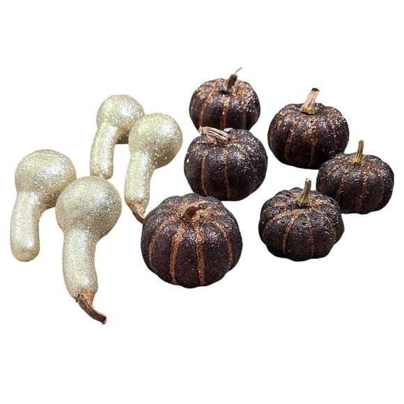 Lot of 10 Small Squash Pumpkins Sugared Glitter 10 Pcs Autumn Fall Thanksgiving - Picture 1 of 10